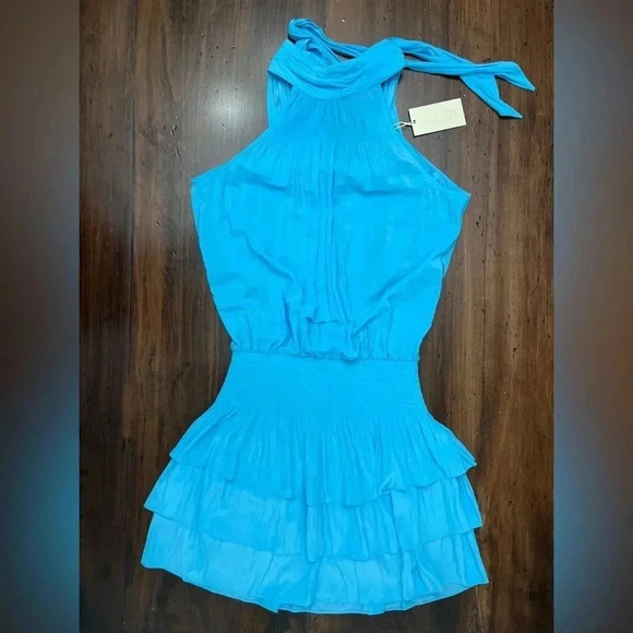 Ramy Brook Hudson Dress Size Small Tropical Blue Halter Tie Top Tiered Ruffle - Picture 4 of 12